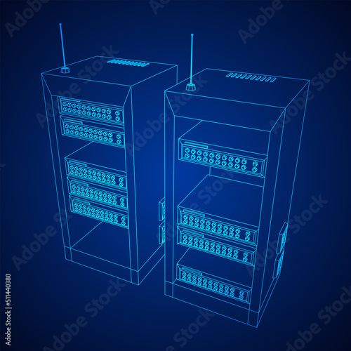Data network server in cabinet. Diagnostic test in computer room technology