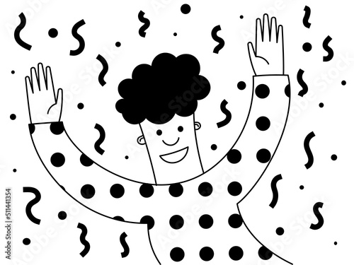 A curly-haired guy dances at a confetti party. Birthday or holiday concept. Flat vector contour illustration
