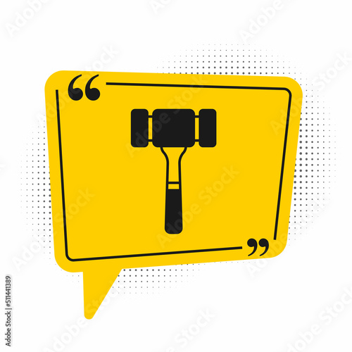Black Auction hammer icon isolated on white background. Gavel - hammer of judge or auctioneer. Bidding process, deal done. Auction bidding. Yellow speech bubble symbol. Vector