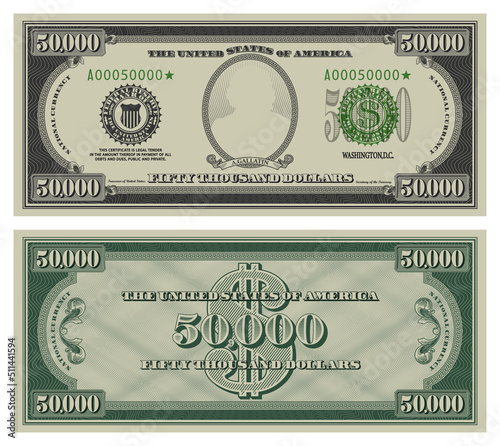 Vector fifty thousand dollars banknote. Gray obverse and green reverse fictional US paper money in style of vintage american cash. Frame with guilloche mesh and bank seals. A.Gallatin.