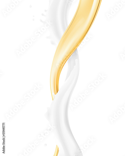 Two swirling waves in a spiral with drops. Vector illustration. Can be use for your design. Great for imaging milk, cream, oil and other liquids. EPS10.	