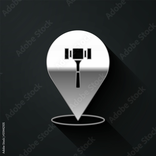 Silver Auction hammer icon isolated on black background. Gavel - hammer of judge or auctioneer. Bidding process, deal done. Auction bidding. Long shadow style. Vector