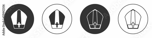 Black Pope hat icon isolated on white background. Christian hat sign. Circle button. Vector