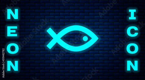 Glowing neon Christian fish symbol icon isolated on brick wall background. Jesus fish symbol. Vector