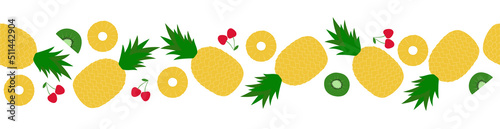 Fruit and berries seamless border. Cartoon pineapples, kiwi fruit and cherries on white background