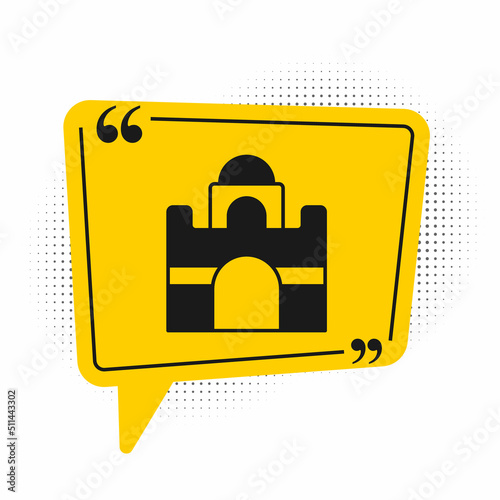 Black Egyptian house icon isolated on white background. Yellow speech bubble symbol. Vector