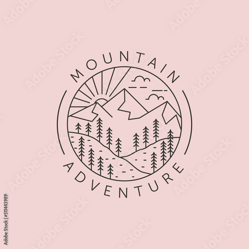 mountain adventure and sunset line logo vector symbol illustration design