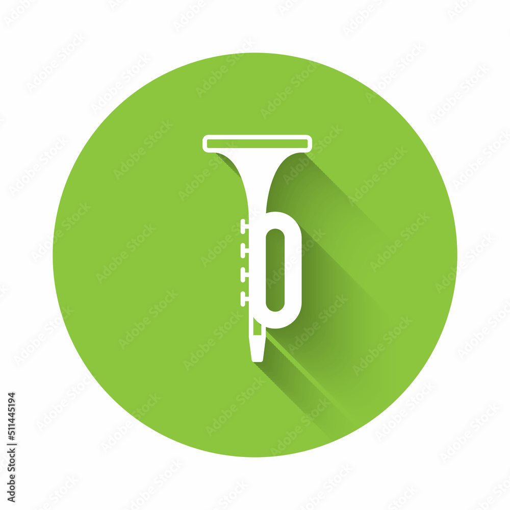 White Trumpet icon isolated with long shadow background. Musical instrument. Green circle button. Vector