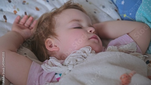 Cuadro en lienzo Adorable Cute Caucasian Baby Toddler Girl Sleeping Peacefully Under Blanket Duri