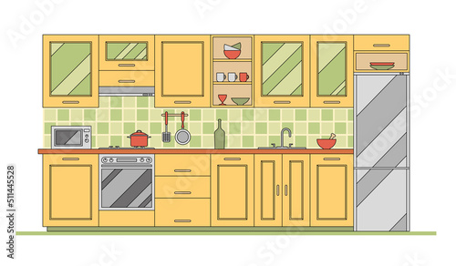 Vector flat illustration, modern kitchen furniture. Kitchenware, appliances and utensil