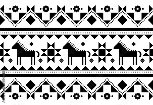 Horses seamless vector pattern - Ukrainian Hutsul Pysanky (Easter eggs) folk art style, geometric black and white textile or farbic print
 photo