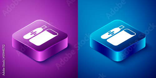 Isometric Electronic cigarette icon isolated on blue and purple background. Vape smoking tool. Vaporizer Device. Square button. Vector