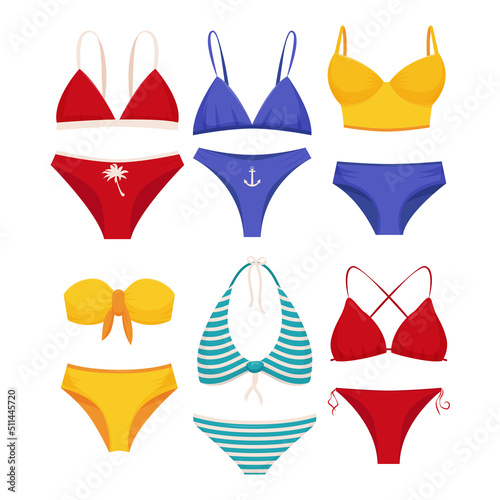 Collection of women's swimwear. Set of fashionable swimsuits or bikini tops and bottoms. Women's swimsuits for summer vacation.