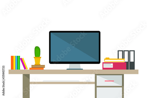 illustration of workplace with flat style design elements Desktop, flat design, office interior, home office. Working online from home. work it home