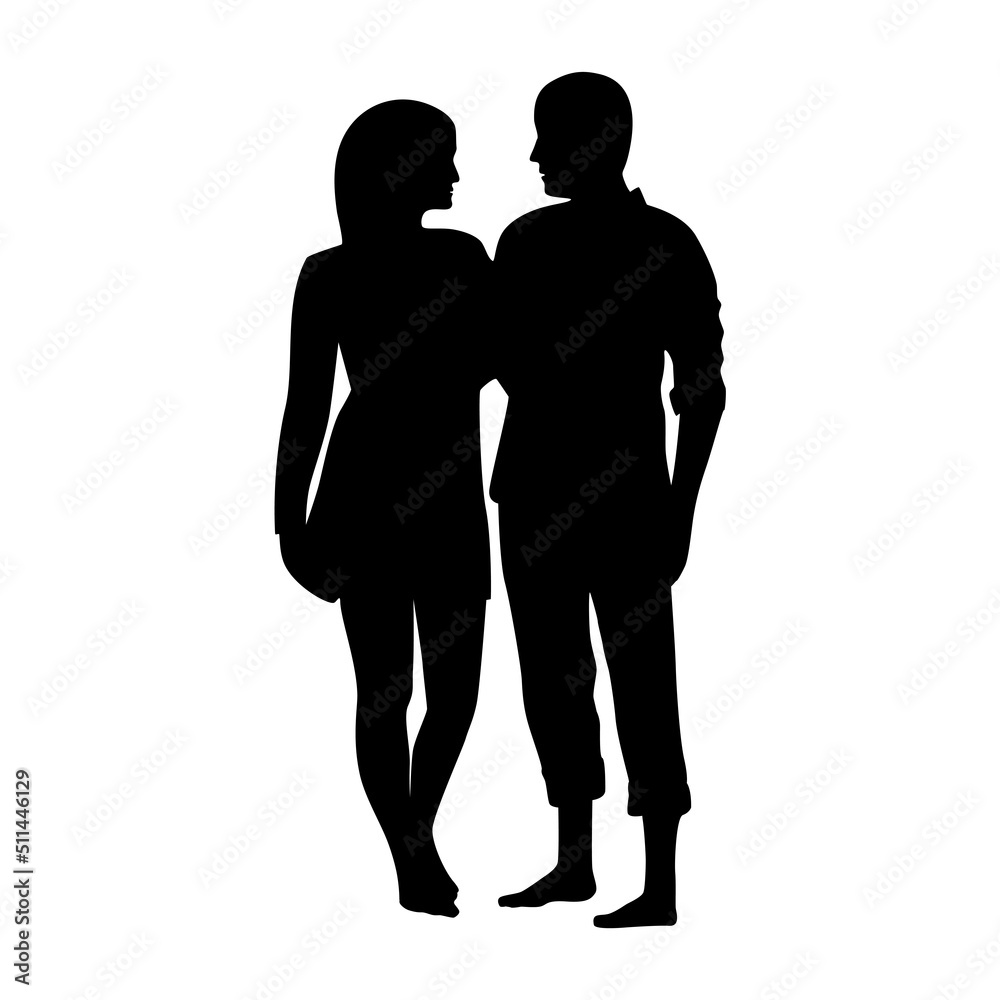 Man and woman look at each other and hug silhouette vector. Black abstract outline heterosexual couple in love. Shadow male and female. Boy and girl are standing together
