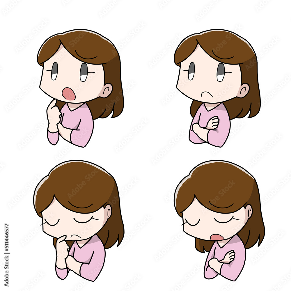 悩む・困る女性のデフォルメイラスト4パターン
