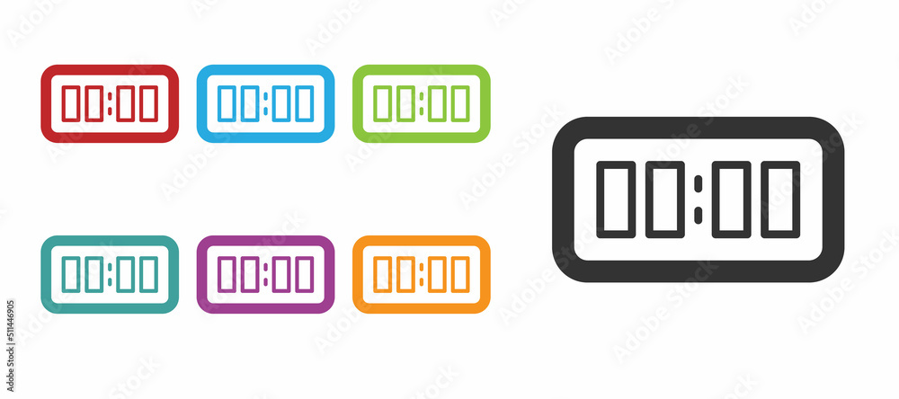 Black Digital alarm clock icon isolated on white background. Electronic watch alarm clock. Time icon. Set icons colorful. Vector Black Digital alarm clock icon isolated on white background. Electronic watch alarm clock. Time icon. Set icons colorful. Vector