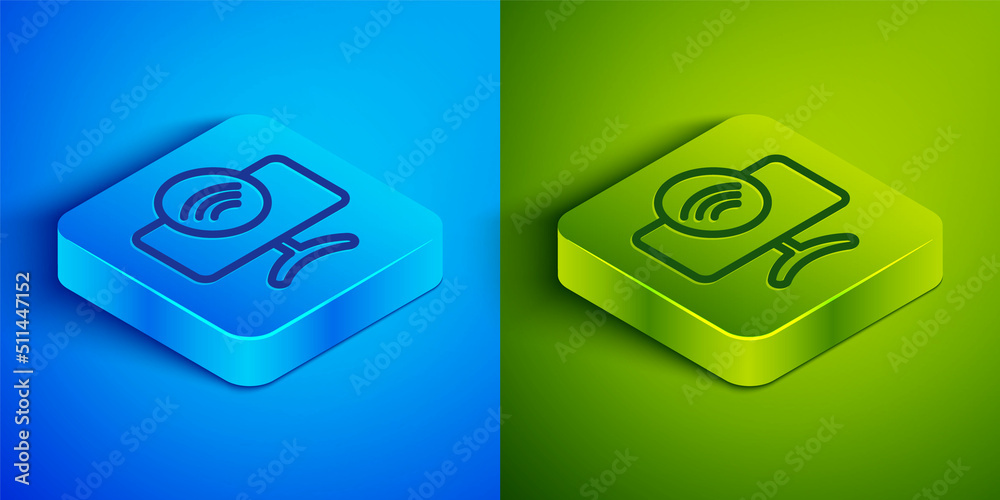 Isometric line Smart Tv system icon isolated on blue and green background. Television sign. Internet of things concept with wireless connection. Square button. Vector Isometric line Smart Tv system icon isolated on blue and green background. Television sign. Internet of things concept with wireless connection. Square button. Vector