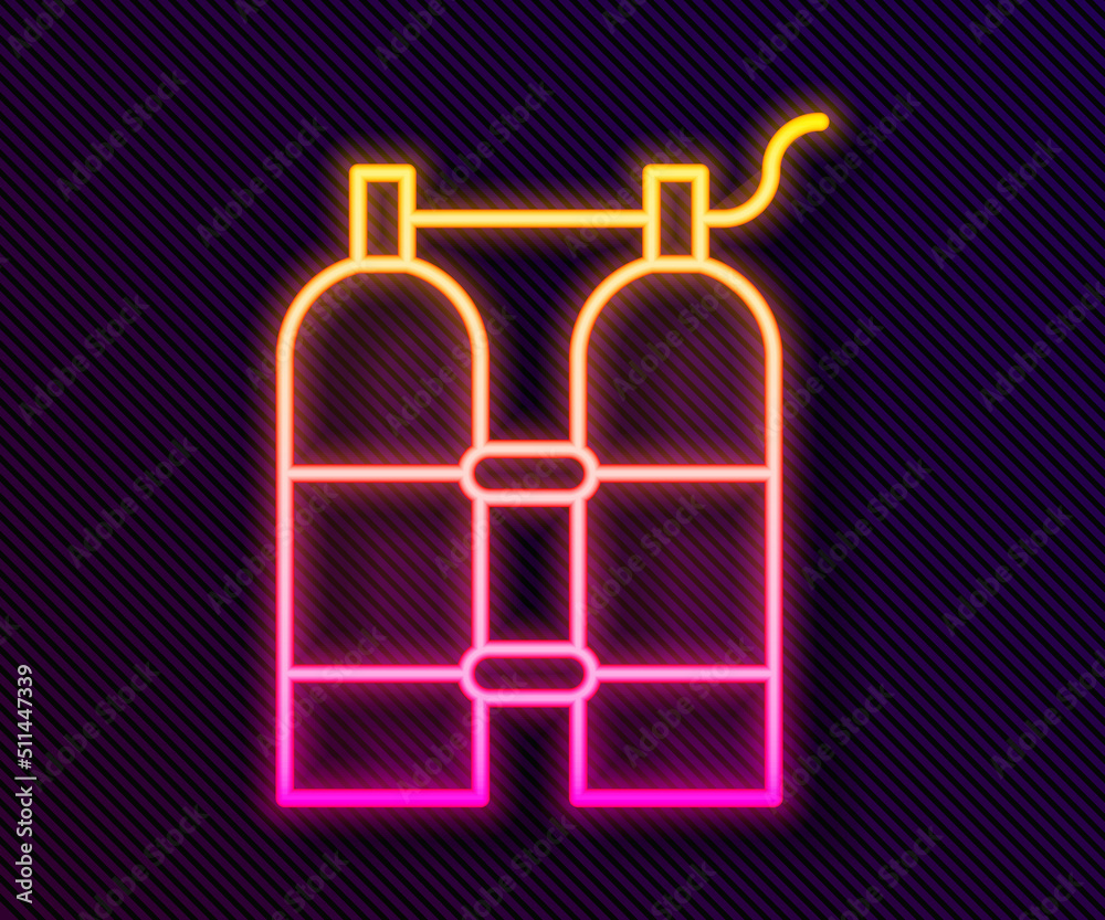 Glowing neon line Aqualung icon isolated on black background. Oxygen tank for diver. Diving equipment. Extreme sport. Diving underwater equipment. Vector