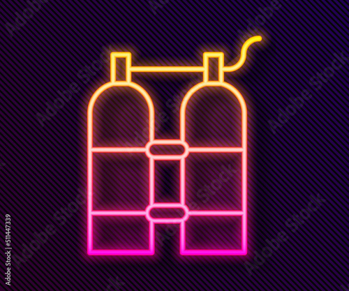 Glowing neon line Aqualung icon isolated on black background. Oxygen tank for diver. Diving equipment. Extreme sport. Diving underwater equipment. Vector