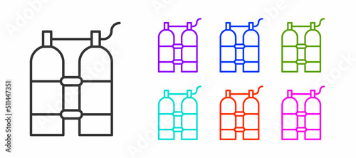 Black line Aqualung icon isolated on white background. Oxygen tank for diver. Diving equipment. Extreme sport. Diving underwater equipment. Set icons colorful. Vector