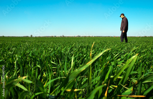 Young man walking in green field. Handsome farmer.