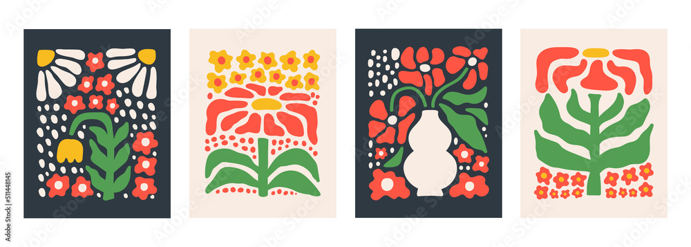 Abstract botanical set posters with various blossom groovy flowers on a dark and light background. Naive art decor. Trendy hand drawn vector illustration