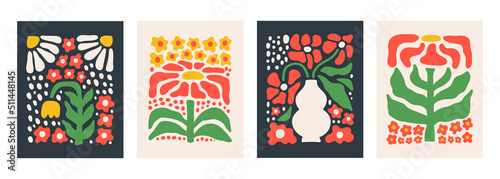 Abstract botanical set posters with various blossom groovy flowers on a dark and light background. Naive art decor. Trendy hand drawn vector illustration