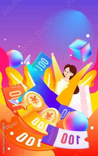 Internet finance financial management with red envelopes in the background with many gold coins and coupons, vector illustration