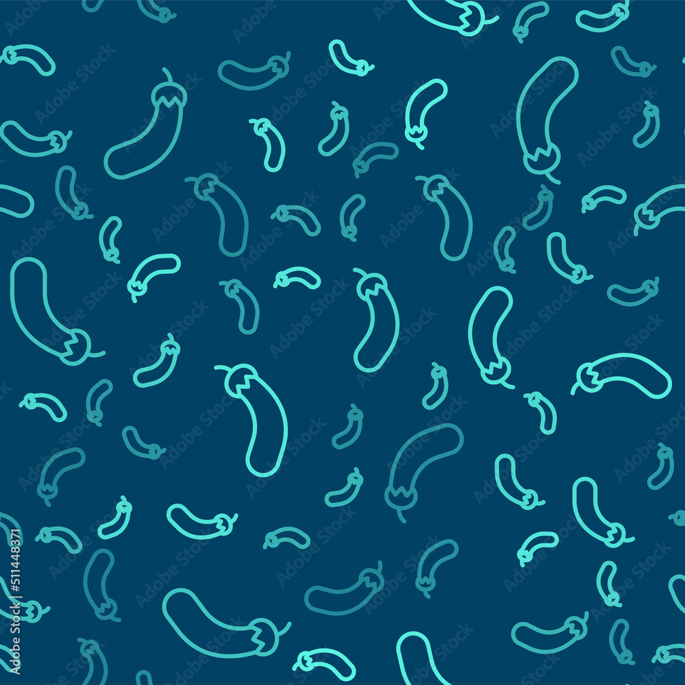 Green line Eggplant icon isolated seamless pattern on blue background. Vector