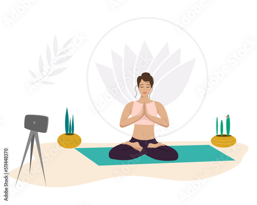 A girl yoga instructor online is sitting in a lotus position. Healthy lifestyle. Vector hand-drawn illustration