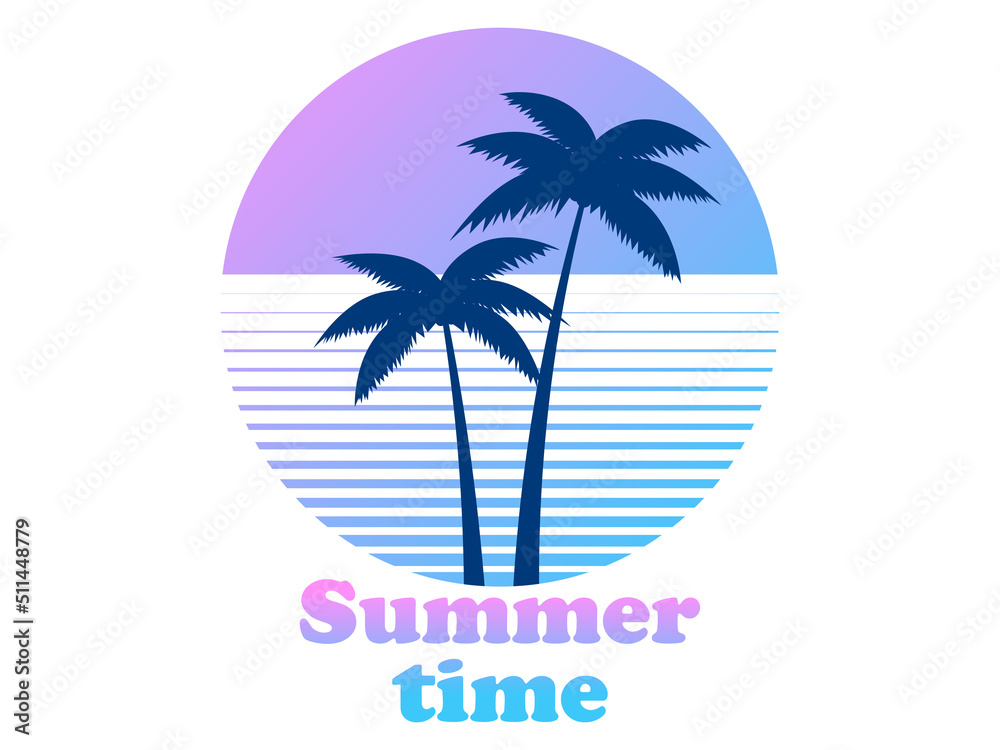 Palm trees and retro sun in 80s style isolated on white background. Summer time. Tropical banner with palm trees for print advertising banners and posters. Vector illustration