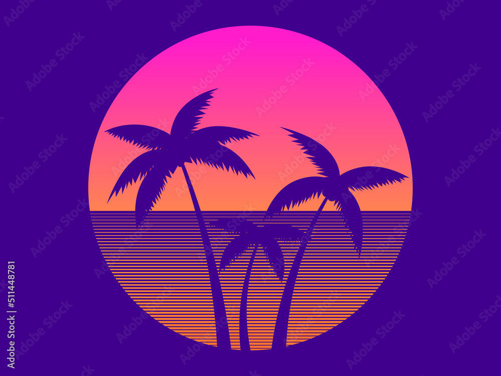Palm trees at sunset in the style of the 80s. Retro futuristic sun with palm trees in synthwave style. Brochure, banner and poster design. Vector illustration