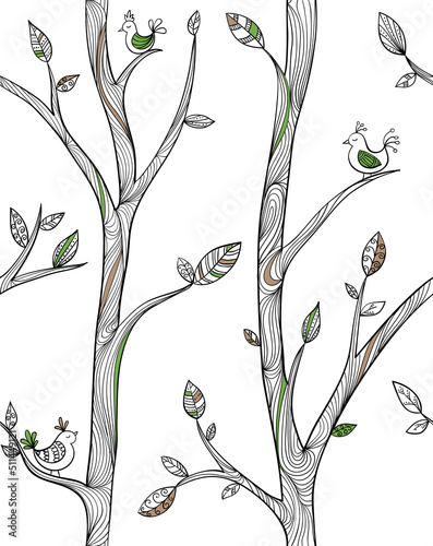 Tree branch with leaf and birds, vector seamless pattern. White background with black line drawing for background