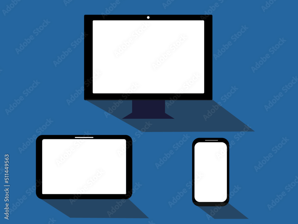 Smartphone, tablet, laptop and desktop. Computer Mockup design with background. Vector illustration Smartphone, tablet, laptop and desktop. Computer Mockup design with background. Vector illustration