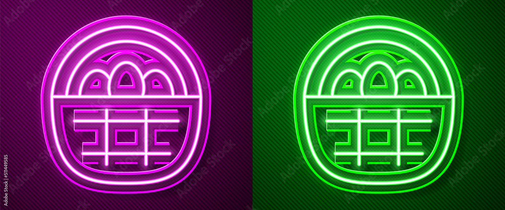 Glowing neon line Basket with easter eggs icon isolated on purple and green background. Happy Easter. Vector Glowing neon line Basket with easter eggs icon isolated on purple and green background. Happy Easter. Vector
