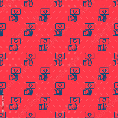 Blue line Hand holding auction paddle icon isolated seamless pattern on red background. Bidding concept. Auction competition. Hands rising signs with BID inscriptions. Vector