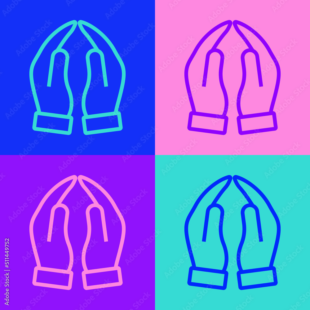 Pop art line Hands in praying position icon isolated on color background. Prayer to god with faith and hope. Vector Pop art line Hands in praying position icon isolated on color background. Prayer to god with faith and hope. Vector