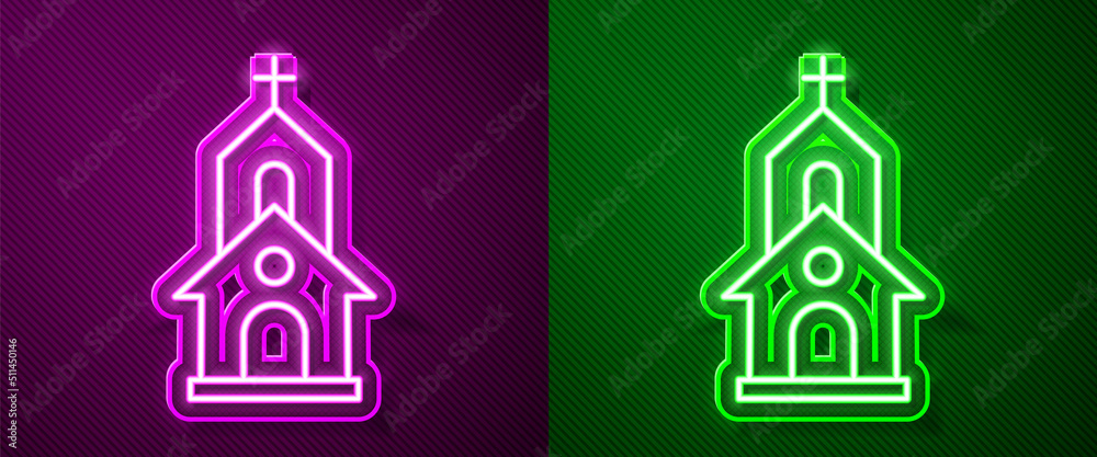 Glowing neon line Church building icon isolated on purple and green background. Christian Church. Religion of church. Vector