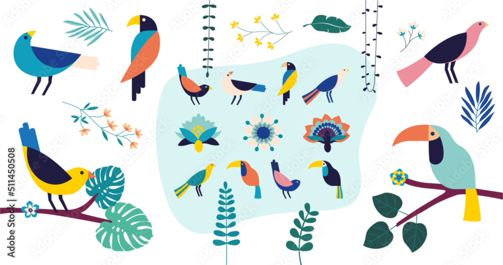 Oiseaux, feuilles et fleurs tropicales, de la jungle. Thème tropical avec illustrations vectorielles et abstraites. Oiseaux et plantes exotiques isolés sur fond blanc.