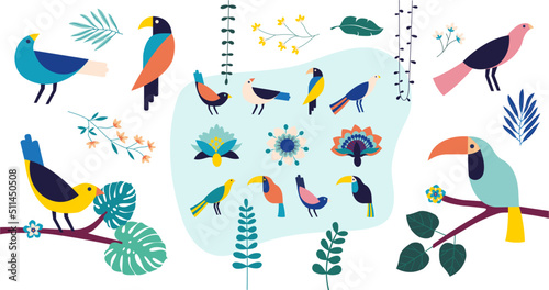 Oiseaux, feuilles et fleurs tropicales, de la jungle. Thème tropical avec illustrations vectorielles et abstraites. Oiseaux et plantes exotiques isolés sur fond blanc. photo