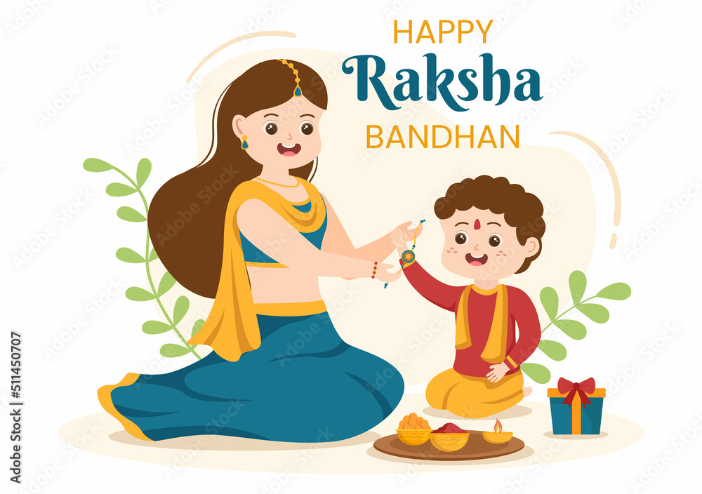 Happy Raksha Bandhan Cartoon Illustration with Sister Tying Rakhi on Her Brothers Wrist to Signify Bond of Love in Indian Festival Celebration