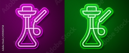 Glowing neon line Hookah icon isolated on purple and green background. Vector