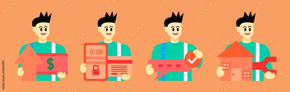 Set Business Concept illustrations. Collection of scenes with man taking part in business activities. Vector illustration