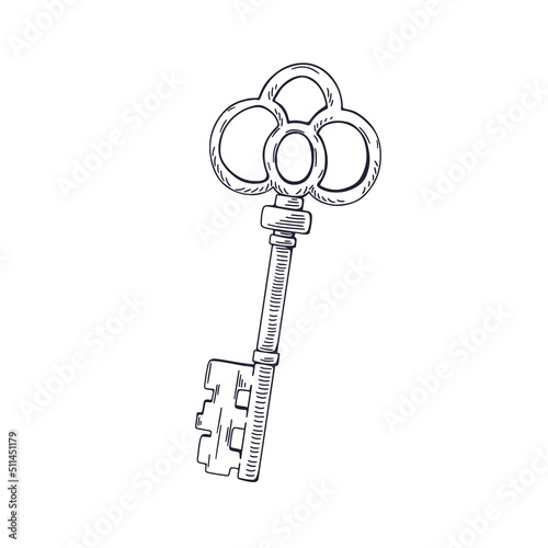 Old ornated forged door key, etched outlined drawing in vintage style. Retro ...