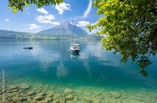 Obraz na płótnie crystal clear water of Thun Lake in Switzerland w salonie