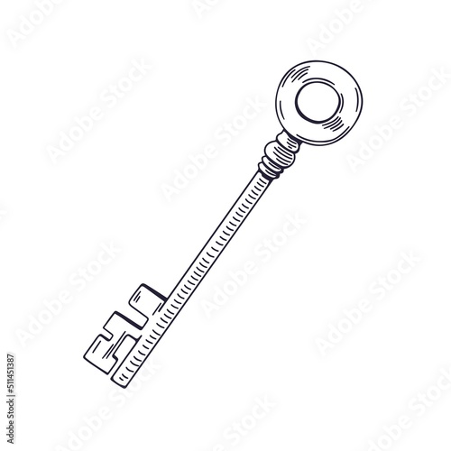 Outlined etched woodcut drawing of long door key drawn in vintage retro style. Contoured etched black and white locking item. Isolated detailed monochrome handdrawn sketchy vector illustration