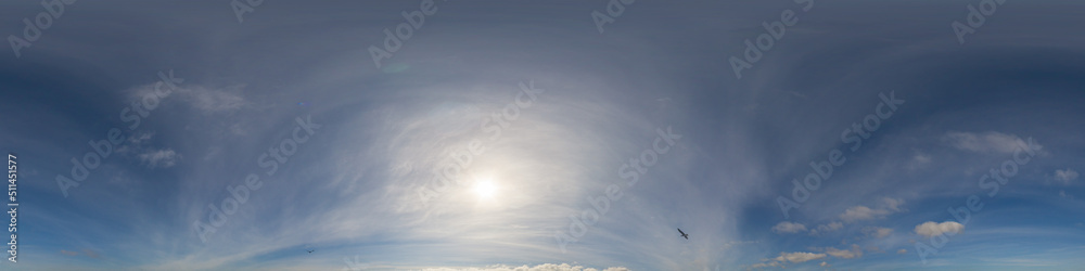 Sky panorama with Cirrus clouds in Seamless spherical equirectangular format. Full zenith for use in 3D graphics, game and editing aerial drone 360 degree panoramas for sky replacement.