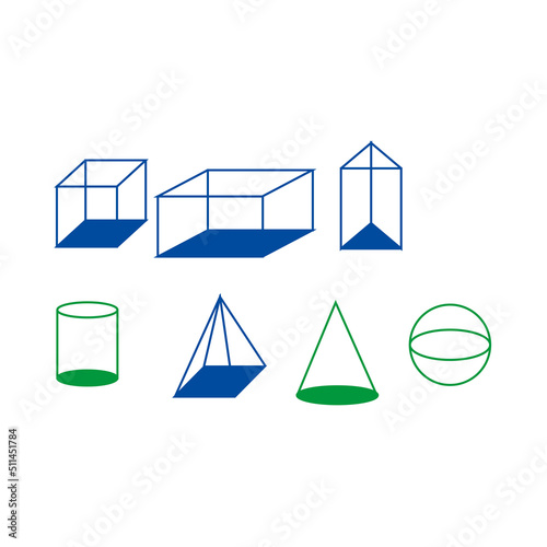 Three-dimensional geometric object. Illustration of cubes, blocks, pyramids, prisms, tubes, cones and spheres. spatial mathematics. Suitable for illustrations in math books. education vector