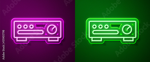 Glowing neon line Sound mixer controller icon isolated on purple and green background. Dj equipment slider buttons. Mixing console. Vector